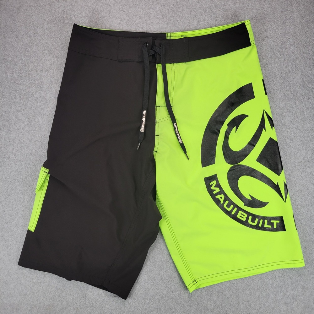 MauiBuilt Board Shorts Mens 32 Black Neon Green Tribal Logo Cargo Pocket